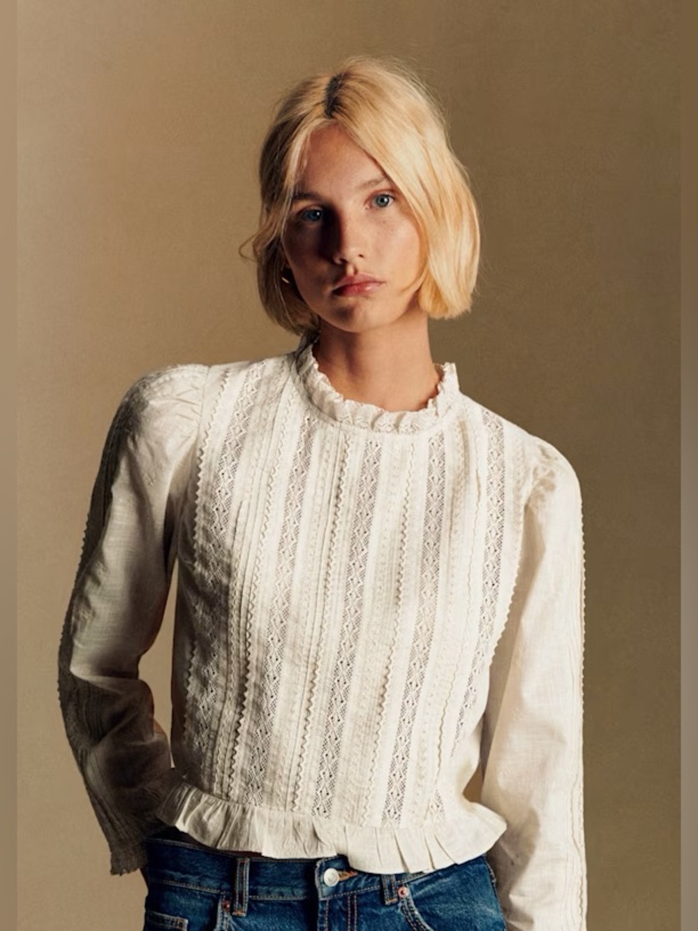 Sezane Suzania Blouse Top Size 36 Small Cream Lace Shirt Ruffle Long Sleeves